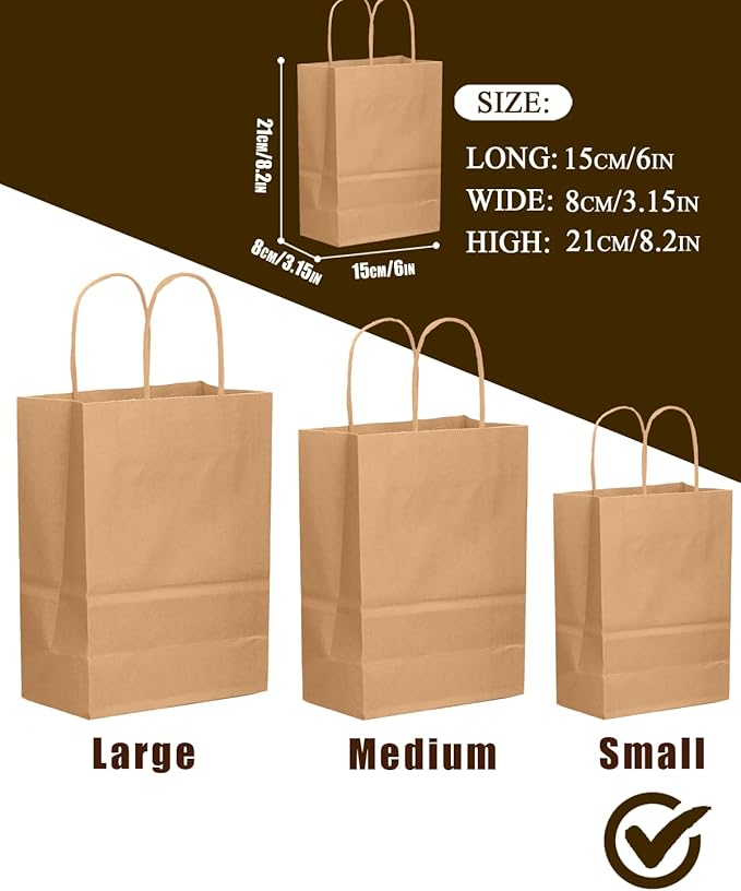 qiqee 200-Packs Brown Paper Gift Bags with Handles Bulk 8.3"x6"x3.15" Small Size Paper Bags Multiple Uses