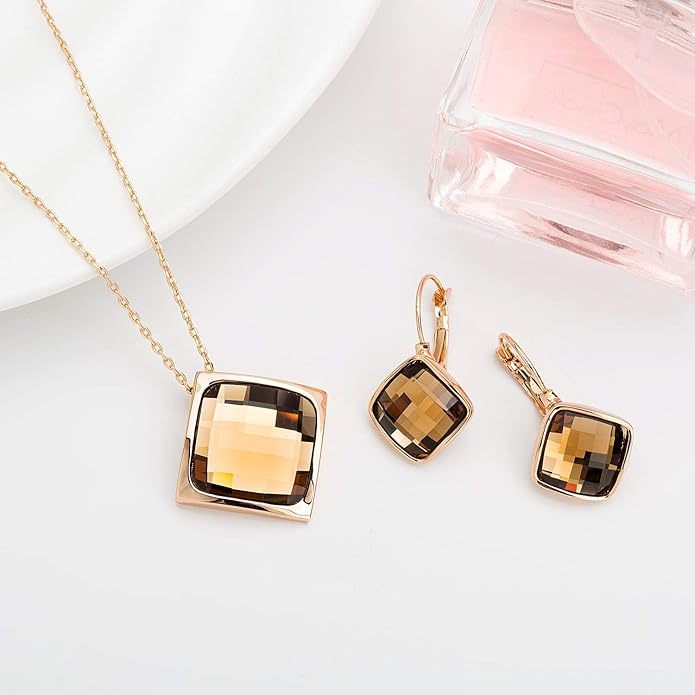 EVEVIC Square Austrian Crystal Necklace Earrings for Women Fashion 18K Gold Plated Hypoallergenic Jewelry Set