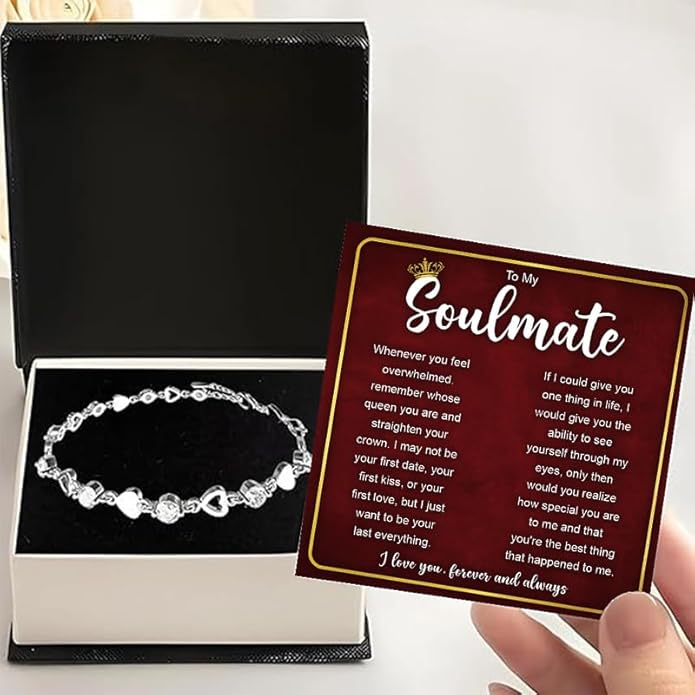 To My Soulmate Bracelet for Women, Heart Chain Bracelet with Shiny Stones, Perfect Birthday or Anniversary Christmas Gift for Soulmate with Message Card and Gift Box