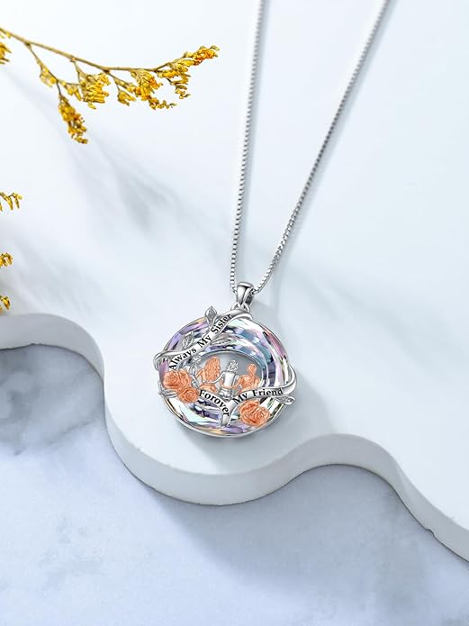 TOUPOP Sisters Gifts from Sister Necklace Sterling Silver Rose Flower with Crystal Jewelry Valentines Day Birthday Gifts for Women Best Friend Friendship