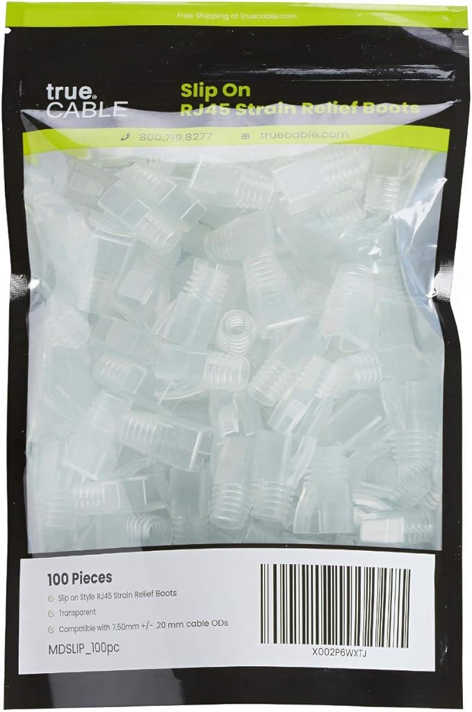 trueCABLE RJ45 Strain Relief Boots, 7.5mm Slip-On PVC Plug Cover, Transparent, 100 Pieces