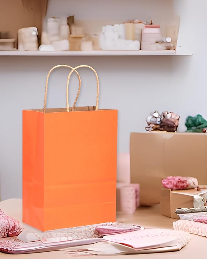 qiqee Large Kraft Paper Bags with Handles 13"x10"x5" 32pcs Gift Paper Bag Orange Solid Color Bags（Large Size）