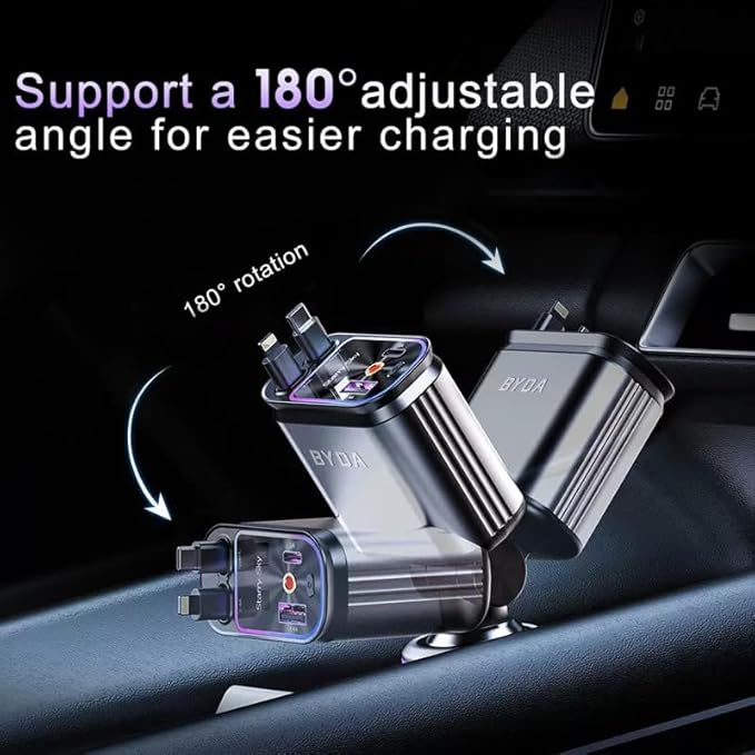 4 in 1 Retractable Car Charger for iPhone,69W USB-C Fast Car Charger with Starry Light, for Car Charger Adapter iPhone16/15/14/13/12,Android,Pixel,Cigarette Lighter Adapter(ForLightning+USB-C)