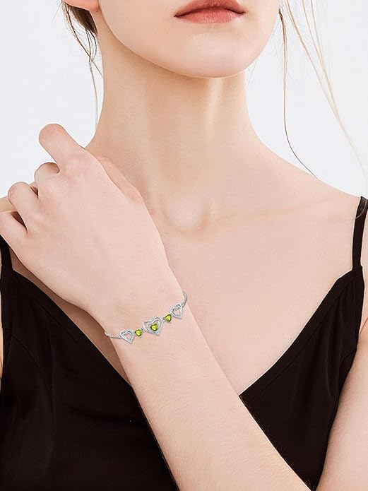 Birthstone Charm Link Bracelet 925 Sterling Silver Rose/Heart/Mom Bracelet with 12 Months Birthstone Mother's Day Gift Jewelry Gifts for Women,Chain Length 7"+2" Extend