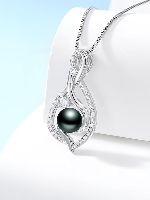 Tahitian Black Pearl 18K White Gold Plated Sterling Silver Heart/Infinity/Four Leaf Clover Pendant Necklace Jewelry Gifts for Women Wife Mom Girlfriend Wedding Birthday Anniversary Christmas