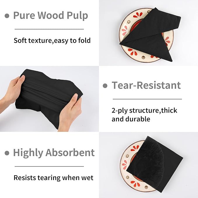 100 Pack Cocktail Napkins Disposable, 2-Ply 5" x 5" Party Napkins, Square Beverage Dinner Napkin for Wedding Birthday Party Anniversary Reception Bar Event (Black)