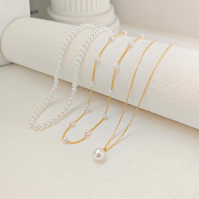 OGD Gold Pearl Necklaces Set for Women 14K Gold Plated Dainty Layered Pearl Cute Daisy Pearl Choker Gold Necklace Gifts for Women Gold Trendy Jewelry Gifts