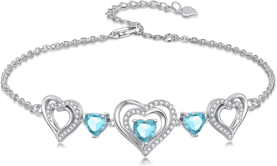 Birthstone Charm Link Bracelet 925 Sterling Silver Rose/Heart/Mom Bracelet with 12 Months Birthstone Mother's Day Gift Jewelry Gifts for Women,Chain Length 7"+2" Extend