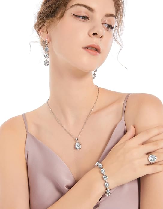 LMXXVJ Necklace Long Earrings Bracelet Set, White Gold Plated Created Blue Sapphire Jewelry Set Wedding Party Gift Jewelry for Women Bridal Bridesmaid