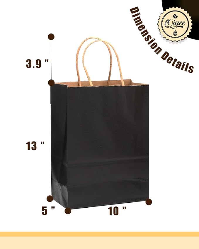 qiqee Large Kraft Paper Bags with Handles 13"x10"x5" 32 pcs Gift Paper Bag Black Solid Color Bags（Large Size）
