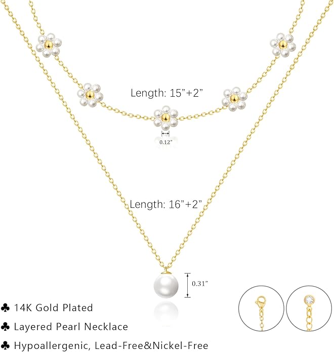 OGD Gold Pearl Necklaces Set for Women 14K Gold Plated Dainty Layered Pearl Cute Daisy Pearl Choker Gold Necklace Gifts for Women Gold Trendy Jewelry Gifts