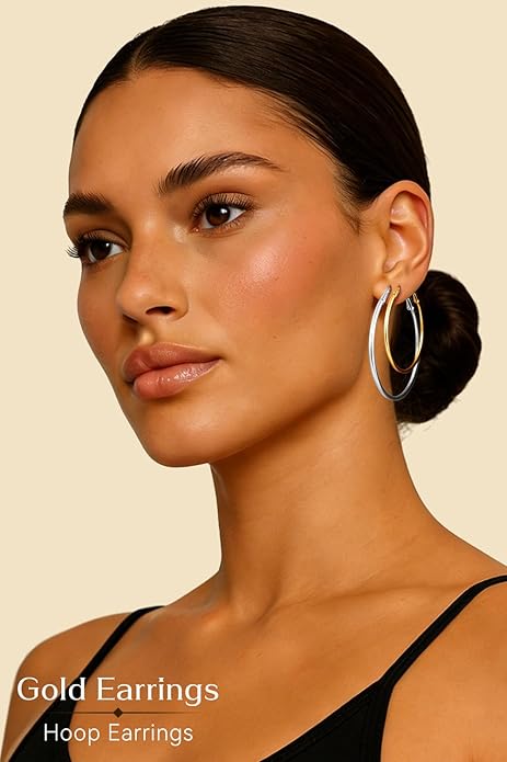 4/6 Pairs Gold Silver Hoop Earrings for Women 14K Gold Plated Hypoallergenic 2mm Thin Hoops Stainless Steel Lightweight Dangle Set 30/40/50/60mm