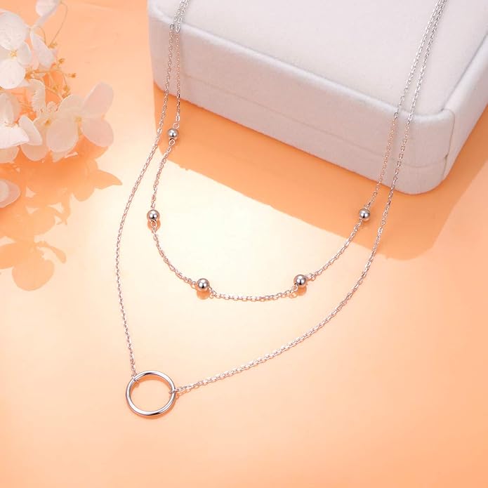 Circle Choker Layered Necklace S925 Sterling Silver Double Necklace for Women Simple Boho Choker Necklace Set Circle Womens TrendyJewelry Accessories