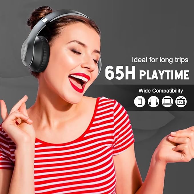 Wireless Bluetooth Headphones Over Ear, 65H Playtime HiFi Stereo Headset with Microphone and 6EQ Modes Foldable V5.3 Bluetooth Wireless Headphones for Travel Computer Laptop