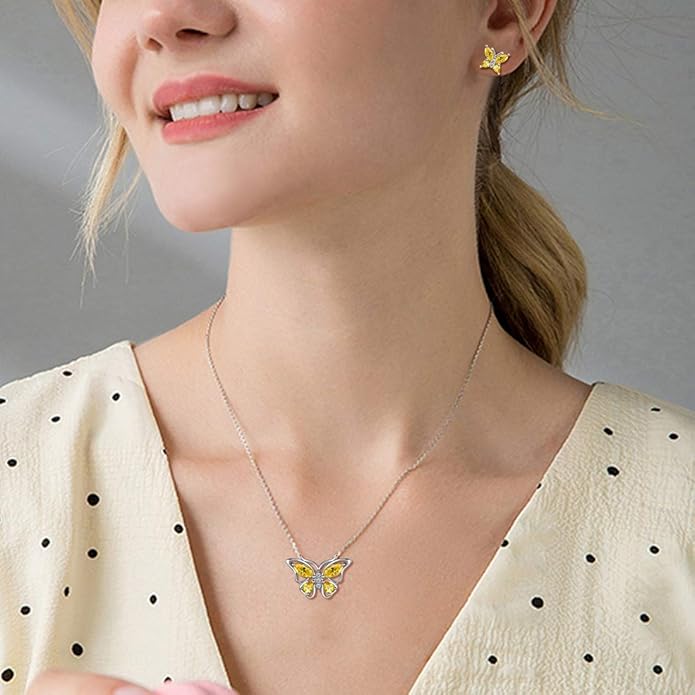 925 Sterling Silver Birthstone Butterfly Jewelry Women Crystal Animal Cute Butterflies Birthday Necklace/Earring/Ring/Bracelet Sets Birth Stone Statement Anniversary Jewellery