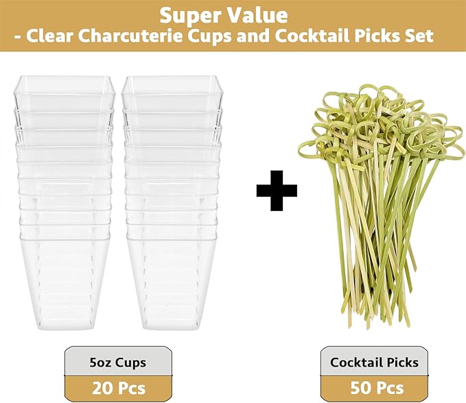 CAMKYDE 20 Sets Plastic Charcuterie Cups with Sticks, Clear Appetizer Cups Fruit Cups 5 oz for Party (20 Cups+50 Sticks)