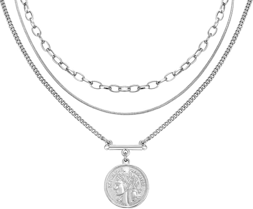 LANE WOODS Gold Plated Necklaces for Women - Multilayer Coin Medallion Pendant Necklace Adjustable Layering Choker Necklaces Chain Set Jewelry