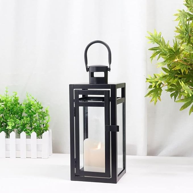 TRIROCKS Set of 2 Metal Candle Lantern 12'' High Decorative Outdoor Lantern Hanging Lantern with Tempered Glass for Christmas Home Living Room Parties Events Tabletop Indoors Outdoors(Black Matte)