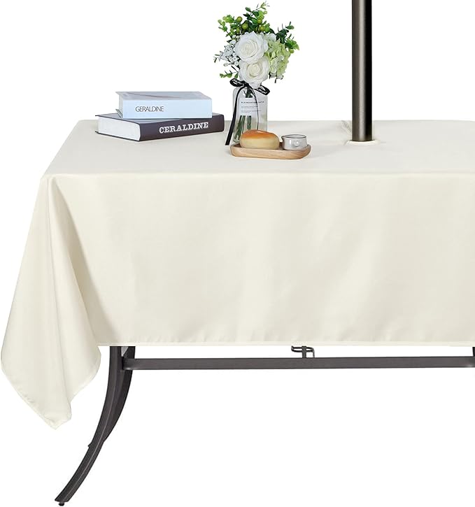 SARAFLORA Outdoor and Indoor Tablecloth -60x84 inch Beige, Wrinkle Free Washable Waterproof Table Cloth with Umbrella Hole and Zipper Rectangle Table Cover for Spring/Summer/Patio/Picnic/BBQS/Party