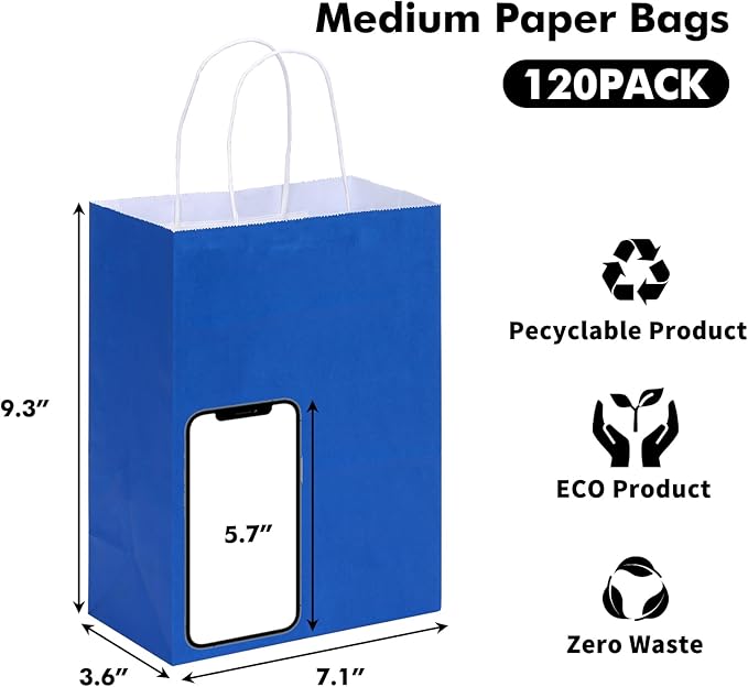 OUTUXED 120pcs Gift Bags, Blue Paper Bag with Handles 7.1x3.6x9.3in Medium Size Kraft Bags for Party, Businesses