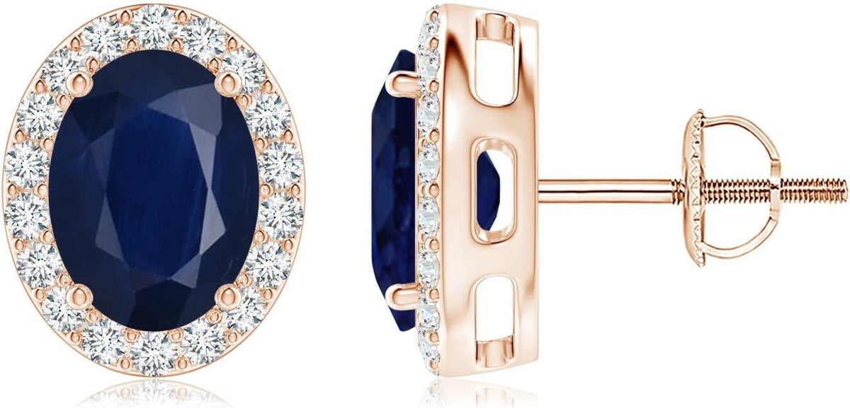 ANGARA Natural Blue Sapphire Earrings for Women | Prong-Set Oval Blue Sapphire Stud Earrings with Diamond Halo in 14K Solid Gold/Platinum | September Birthday, Anniversary, Gemstone Jewellery Gift