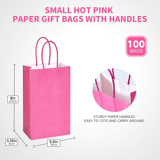 DjinnGlory 100 Pack Small Hot Pink Paper Gift Bags with Handles 9x5.5x3.15 Inch for Small Business, Weddings, Bridal Showers, Themed Birthday Party Goodies Favors
