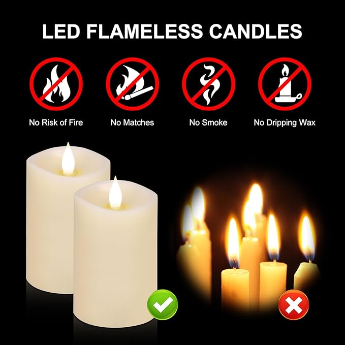 2PCS, 3 x 5 inches Flameless Candle with Remote Control, 3D Flickering Wick, Real Wax,with Timer,Battery Operated Candles,for Holiday Home Decor,Ivory