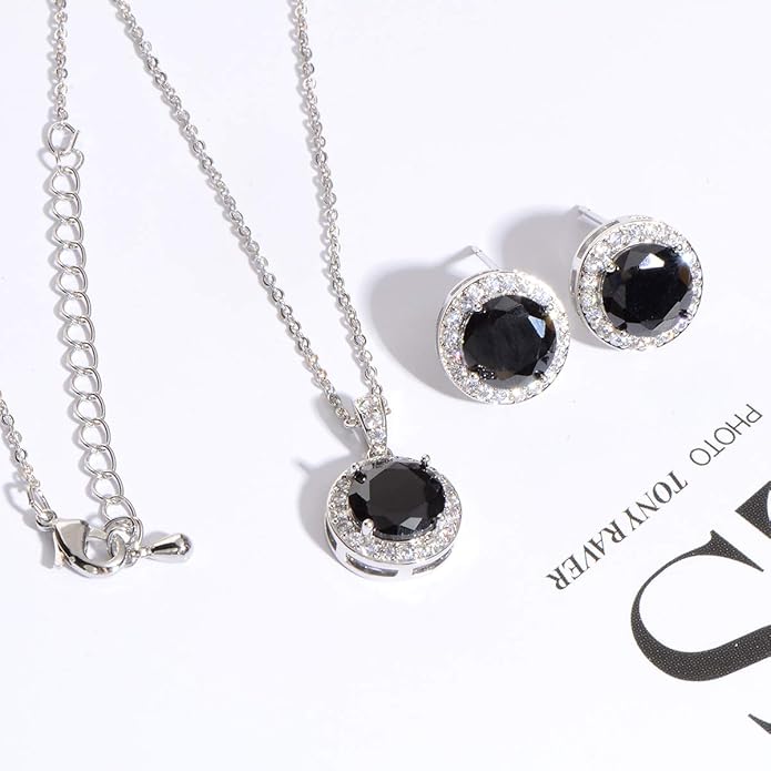Bridal Crystal Jewelry Set - Sterling Silver Round Cubic Zirconia CZ Rhinestone Halo Birthstone Pendant Necklace Stud Earrings Set for Wedding Bride Bridesmaids Birthday Gift