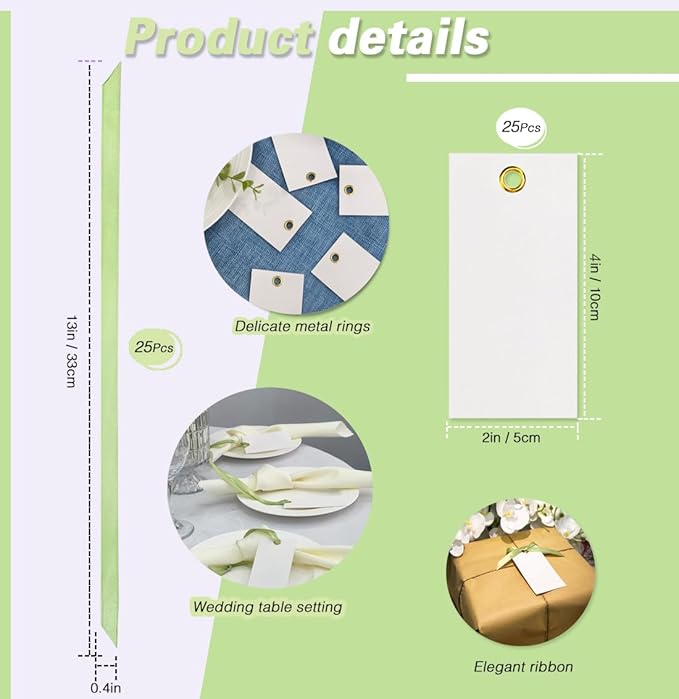25 Pcs Name Place Cards Blank Seat Card, 2 x 4 in Table Cards with Stain Ribbon, Wedding Place Card, Hanging Tags for Wedding table Setting Reserved Chairs Signs Dinner Banquet Parties.(Sage Green)