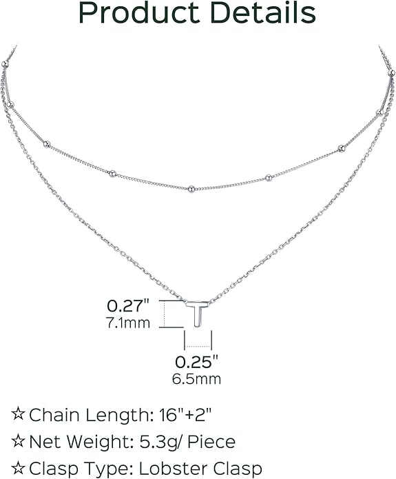 ChicSilver Layered Initial Necklace for Women, 925 Sterling Silver Personalized Letter A-Z Pendant Necklaces, Hypoallergenic Silver Choker with Adjustable 16" Rolo Chain, Dainty Birthday jewelry