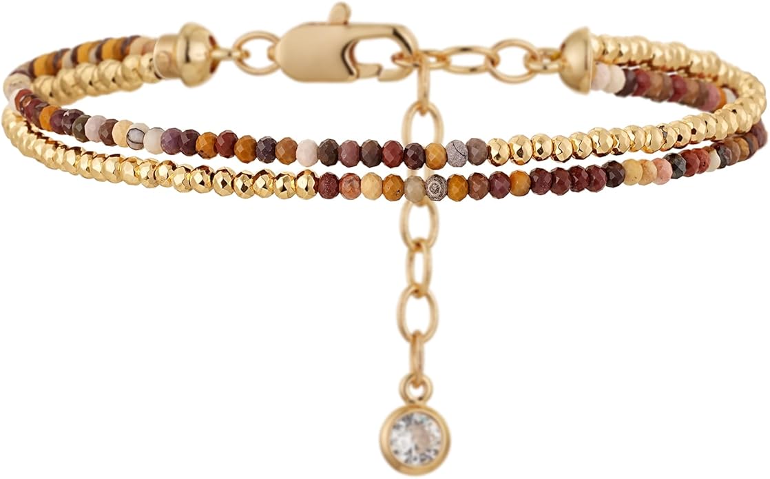 MYEARS Women Beaded Bracelet Gold Double Layer Gemstone 14K Simple Dainty Handmade Chain Everyday Boho Beach Jewelry