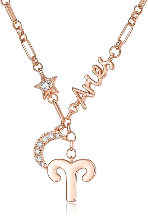 14K Gold/Rose Gold Zodiac Necklace for Women - Horoscope Constellation Pendant with Moon and Star, Luxury Birthday Gifts Jewelry for Her (12 Zodiac Signs)