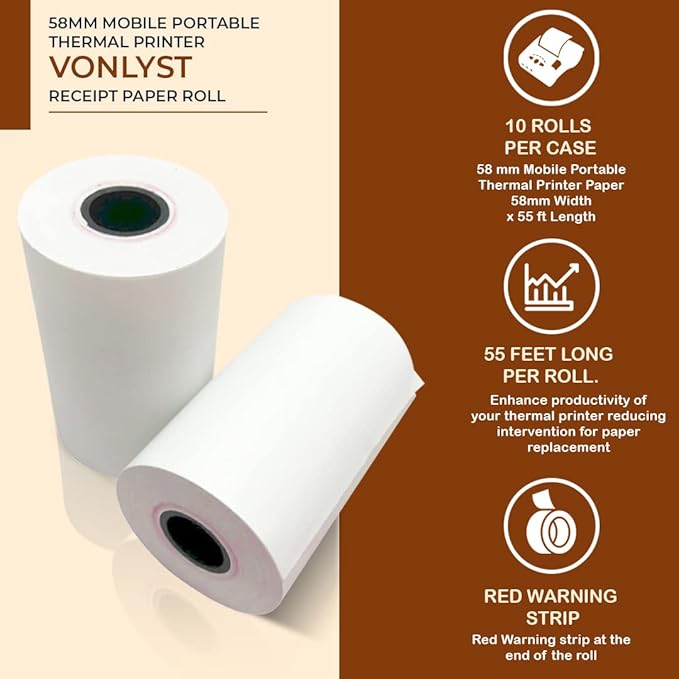 Receipt Paper Roll for 58mm Mobile Portable Thermal Printer (Pack 10 rolls)
