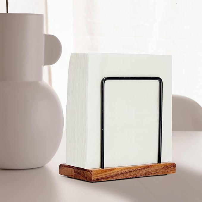 Acacia Wood Napkins Holder with Metal Wire, Standing Napkin Holder for Table, Kitchen & Dining Room Décor