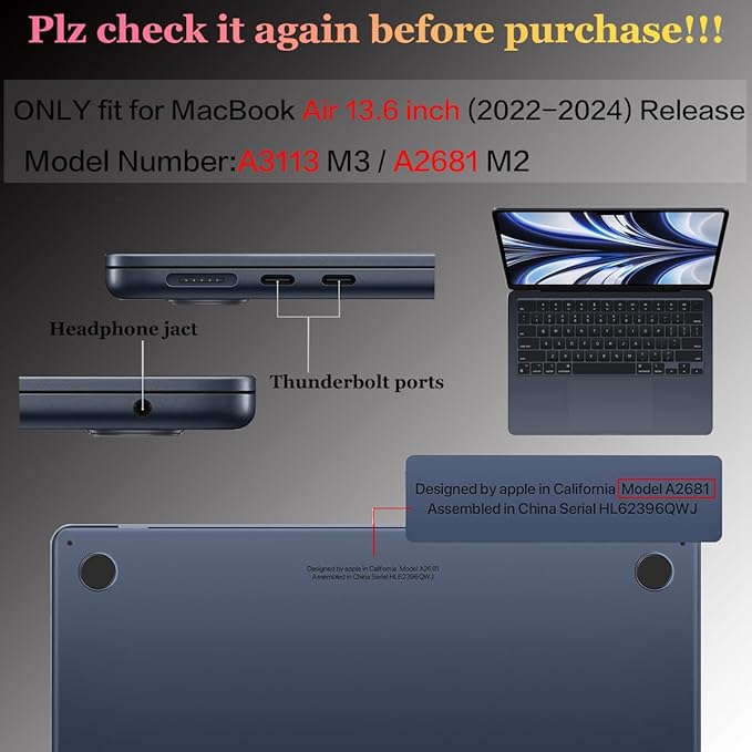 CISSOOK Compatible with MacBook Air 13.6 inch 2022 2023 2024 2025 Release M2 Model A2681 M3 A3113 A3240 M4, Plastic Hard Shell Case for MacBook Air 13.6 inch with Liquid Retina Display Touch ID