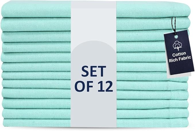 LFH Home Cotton Rich Metered Napkins for Dining Table Set of 12, Elegant Cloth Napkins for Wedding Party or Everyday Use Machine Washable Durable Reusable and Soft for Hosting 18x18 Inch - Aqua