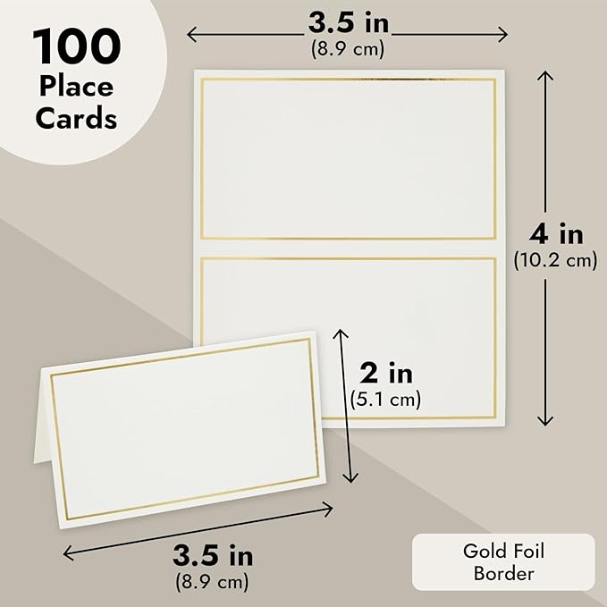 Best Paper Greetings Place Cards for Table Setting - 3.5 x 2 In Folded, Pack of 100, White & Gold - Wedding Name Cards for Reception Seating Chart & Banquet Use