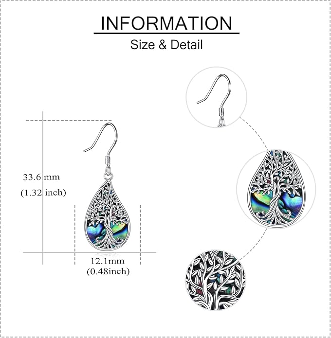 Tree of Life Earrings Sterling Silver Celtic Tree of Life Abalone Shell Dangle Drop Earrings for Women Jewelry