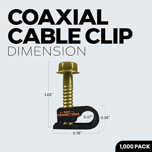 BEST CONNECTIONS Coaxial Cable Clips with Pre-Inserted Screw (1,000 Pack) – Black Single Cable Mounting Clamps for Coax Cable (RG6, RG59) and Ethernet Cable – Cord Fastener/Strain Relief Clip