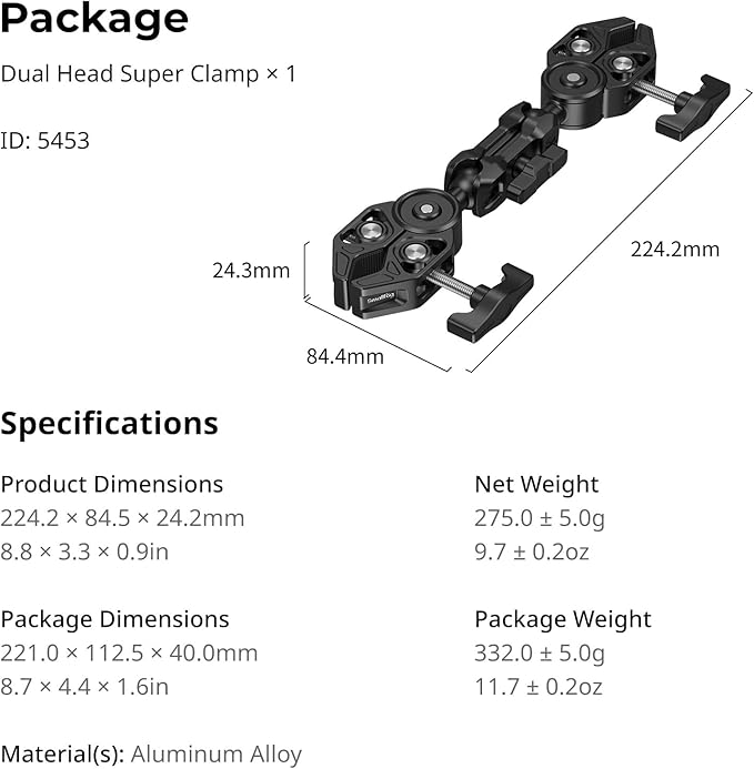 SMALLRIG Double Super Clamp Mount with Magic Arm, 360° Ballhead Pole Clamp for Umbrella, Chair Monitor Desk Photo Studio Light Stand, Photography Reflector, Motorcycle,Tripod Mount for Cross Bar