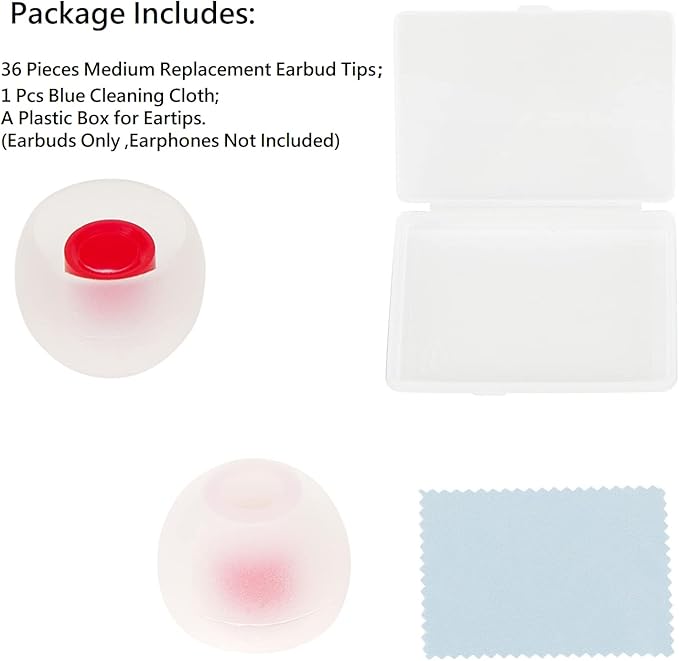 36 Pieces Medium Earbud Tips Soft and Comfortable Ear Bud Replacement Pieces Silicone Fit Most in-Ear Headphones，Inner Hole 3.8mm -5.5mm，Medium White and Red Replacement Eartips