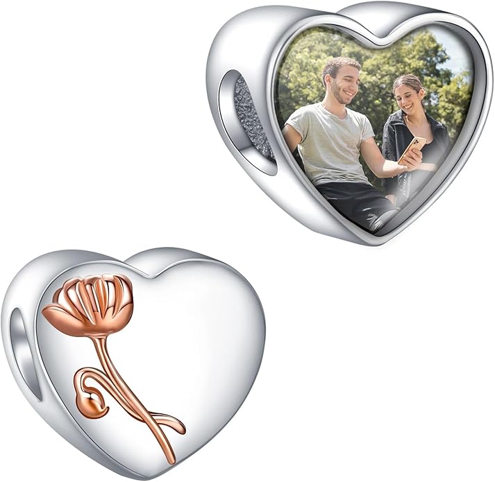 Annmors Personalized Photo Charms For Bracelets/Necklace 925 Sterling Silver Love Heart Shaped Engraved Customize Picture Gift for Birthday Mother's Day,Bead Charms Jewelry for Women