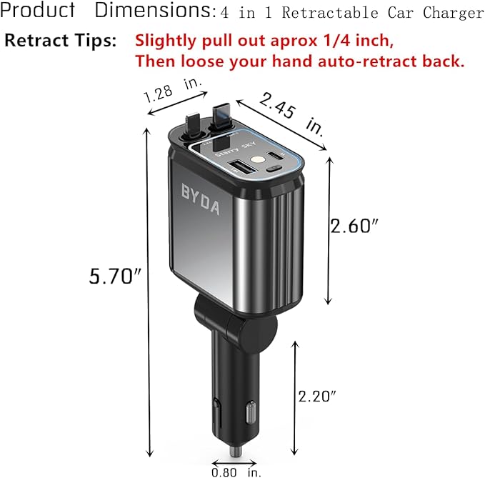 4 in 1 Retractable Car Charger for iPhone,69W USB-C Fast Car Charger with Starry Light, for Car Charger Adapter iPhone16/15/14/13/12,Android,Pixel,Cigarette Lighter Adapter(ForLightning+USB-C)