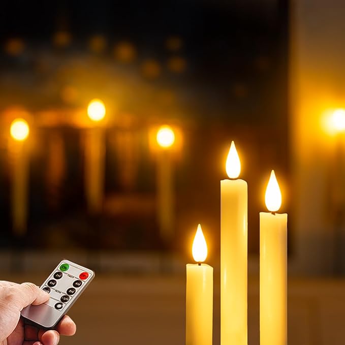 Homemory Real Wax Window Candles with Remote Timer Dimmer, Flameless Taper Candles with Holders, Christmas Candle for Window Battery Operated, LED Candlesticks for Home Holiday Decor, 6 Pcs White