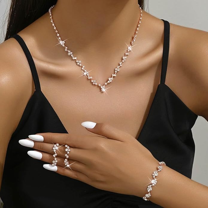 Unicra Bride Crystal Necklace Earrings Set Bridal Wedding Jewelry Sets Rhinestone Choker Necklace Costume Jewelry Set for Women and Brides (3 piece set - 2 earrings and 1 necklace)
