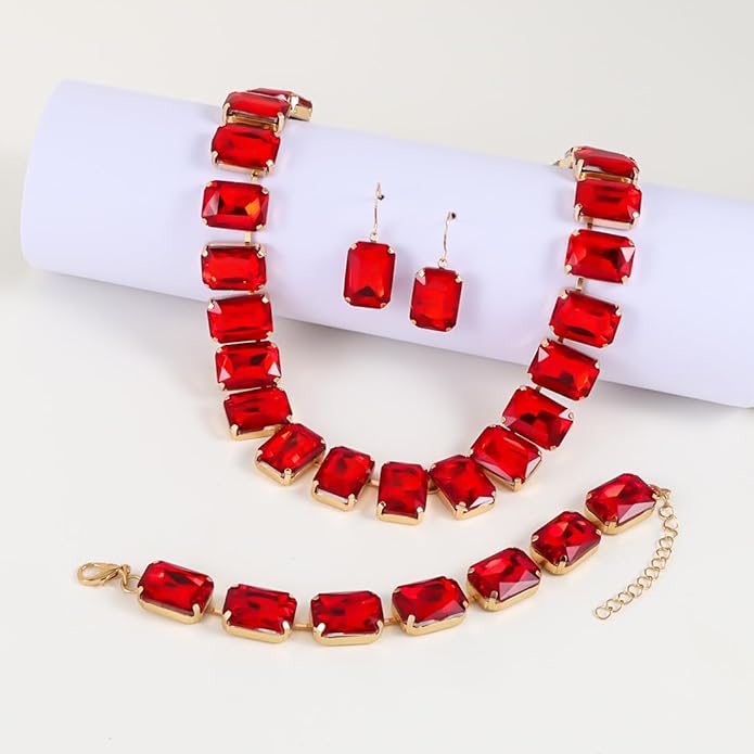 KOSMOS-LI Rectangle Faux Crystal Jewelry Sets Includ Necklace Bracelet Earrings For Women Stocking Stuffers