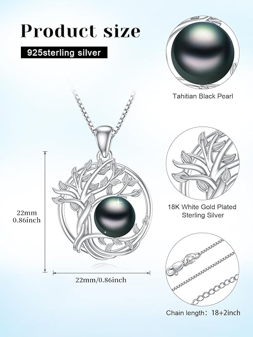 Tahitian Black Pearl 18K White Gold Plated Sterling Silver Heart/Infinity/Four Leaf Clover Pendant Necklace Jewelry Gifts for Women Wife Mom Girlfriend Wedding Birthday Anniversary Christmas