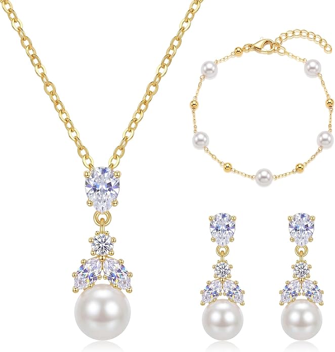 Hadskiss Wedding Jewelry Sets for Women/Brides/Bridesmaids, Cubic Zirconia Pearl Necklace Earrings Bracelet Set 18K Gold Plated Hypoallergenic Jewelry for Wedding Prom Party