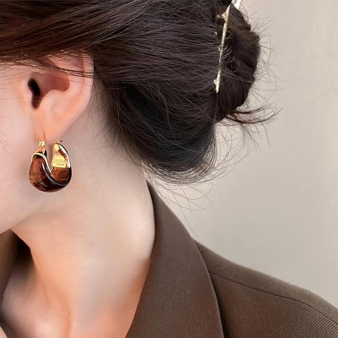 Brown 14k Gold Plated Amber Resin Hoop Earrings for Women Trendy, Retro Chunky Lightweight Hoop Drop Statement Jewelry Earrings for Party Wedding