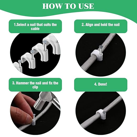 800Pcs 4mm 6mm 8mm 10mm J-Hook Ethernet Cable Nails Wire Clips with Steel Nails and 5/8" 3/4" 1/2" 1" Insulated U Staple Nail for Home Office Business
